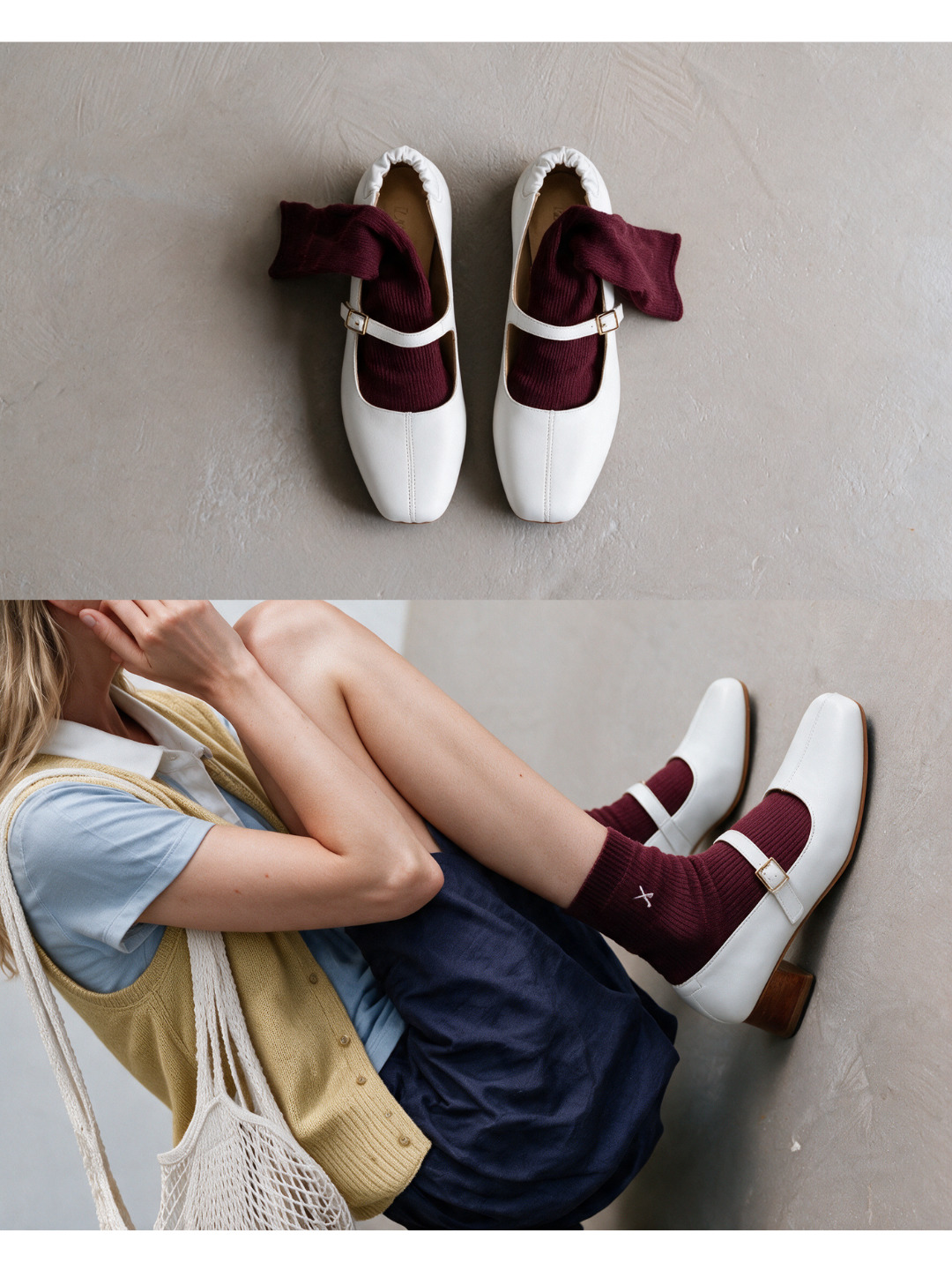 White LAX Mary Janes with burgundy socks: flat lay and worn