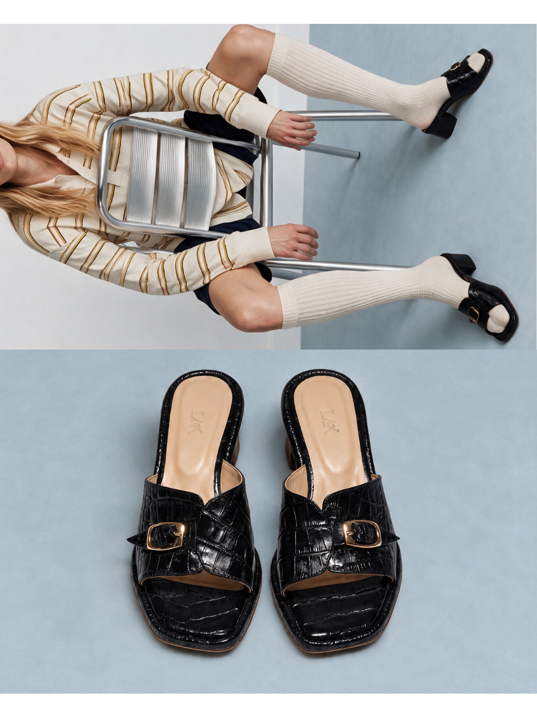 Black croc LAX mules: worn on a metal chair and as a pair