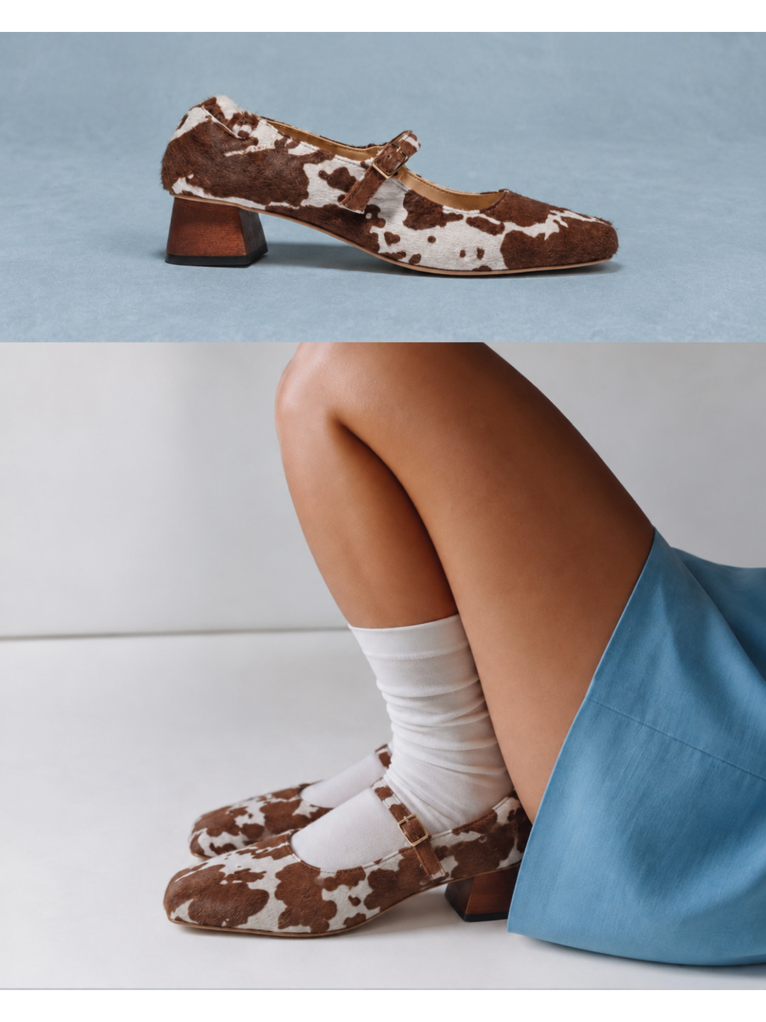 Cowhide LAX Mary Janes: side view and worn with white socks