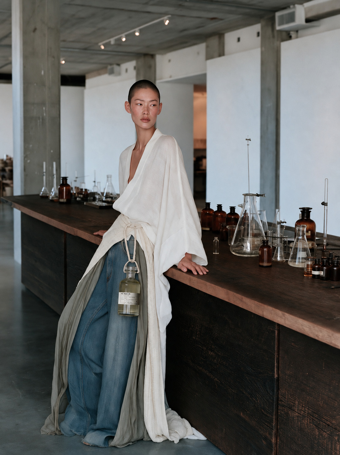 Model leaning on a wooden lab table lined with amber bottles
