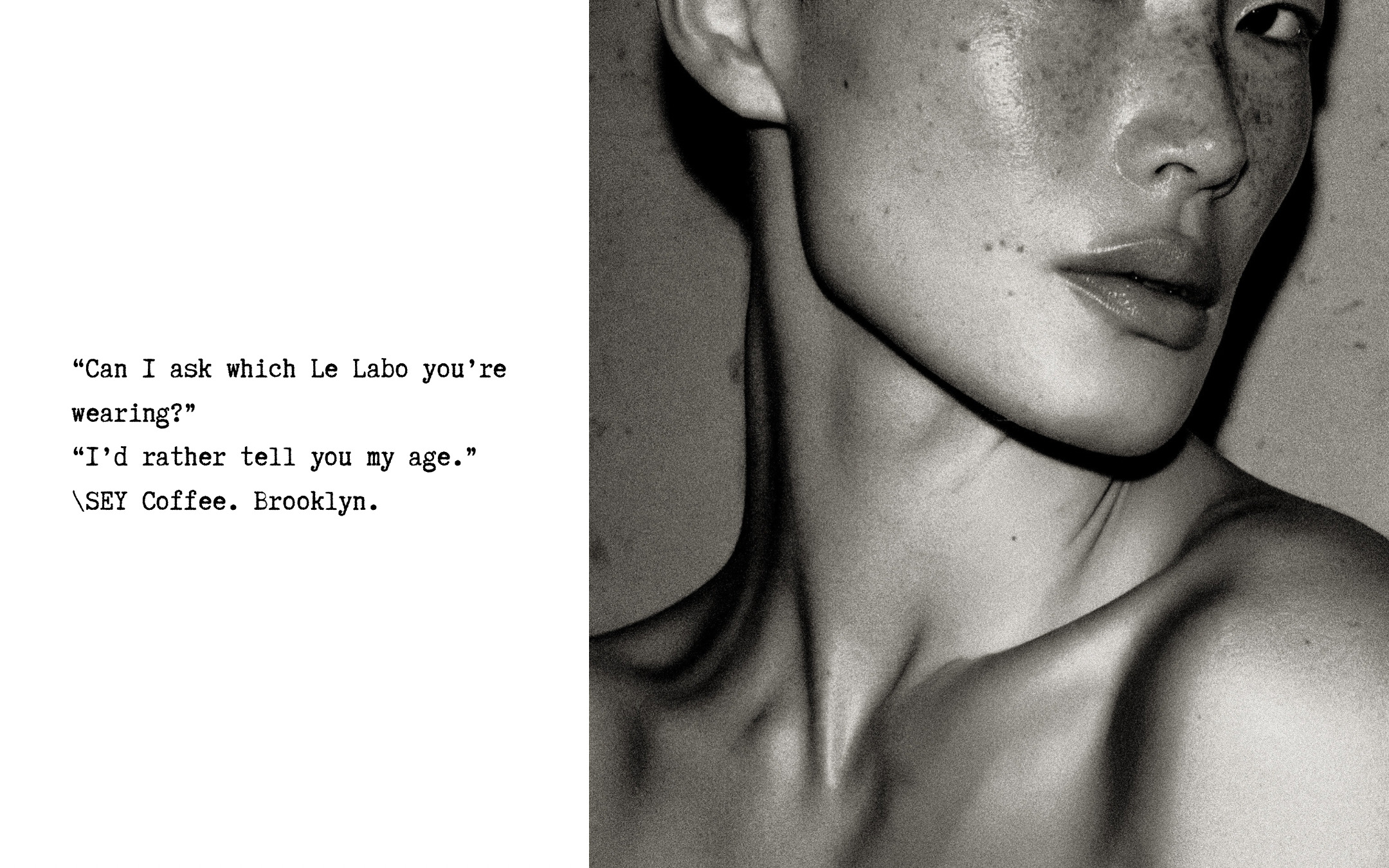 Spread: typewriter dialogue beside a black-and-white skin close-up