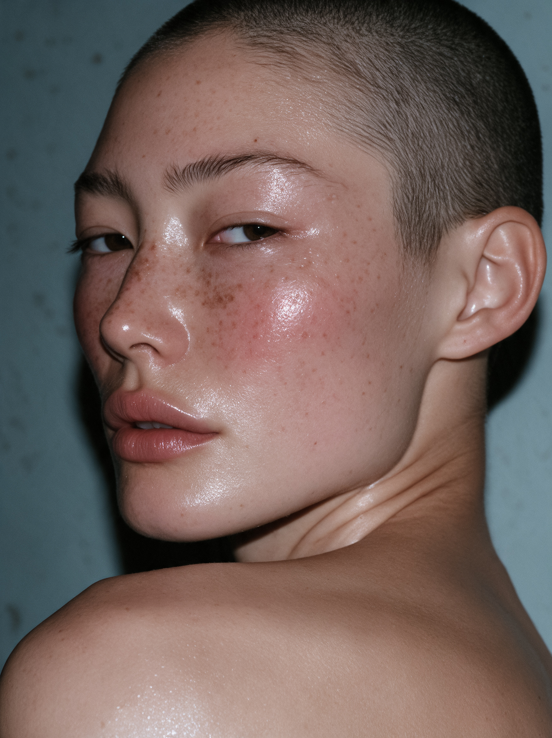 Close-up portrait, freckled glowing skin