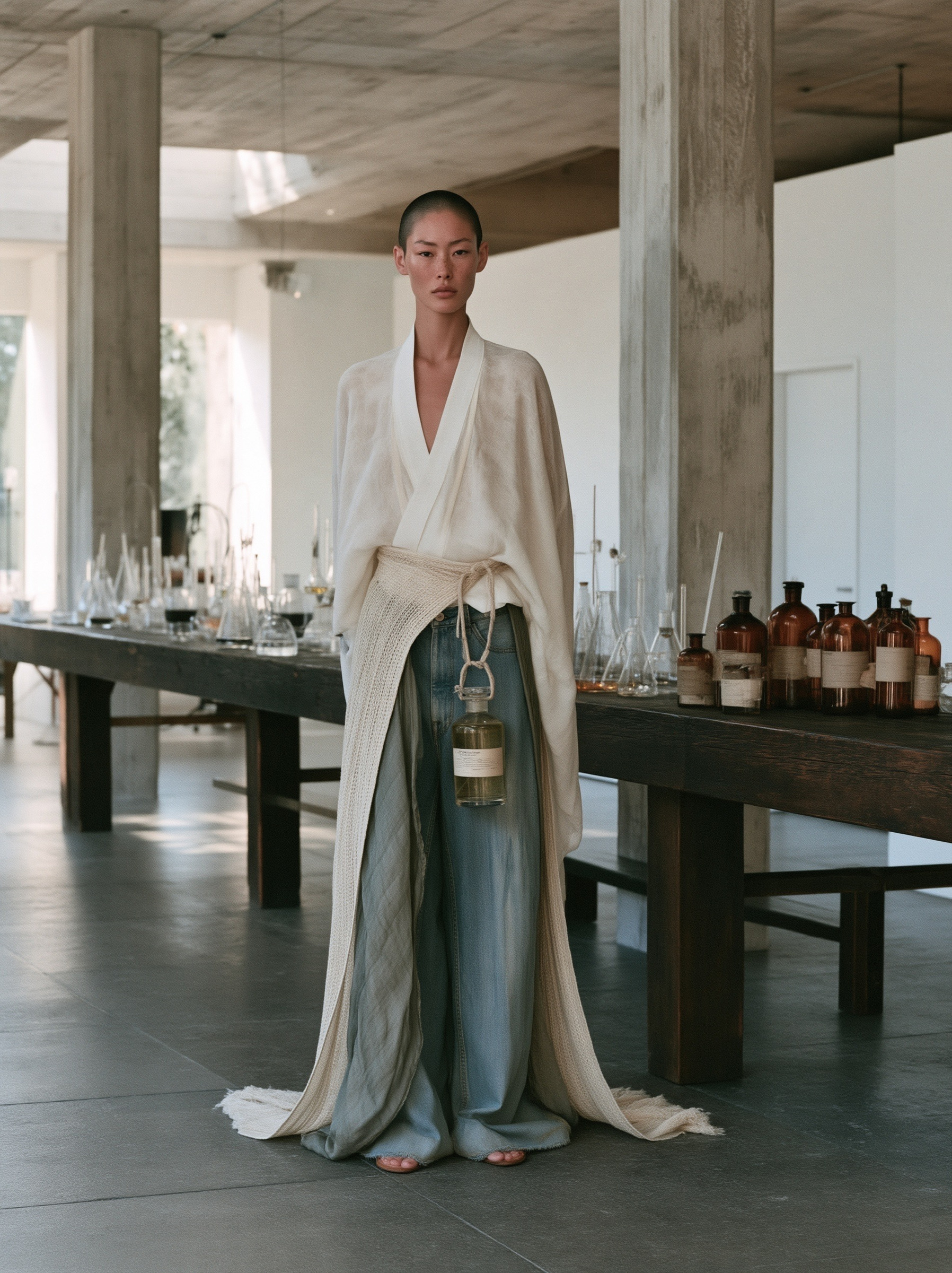 Model in layered linen and denim standing in a perfume lab, a Thé Noir 29 bottle tied at her waist