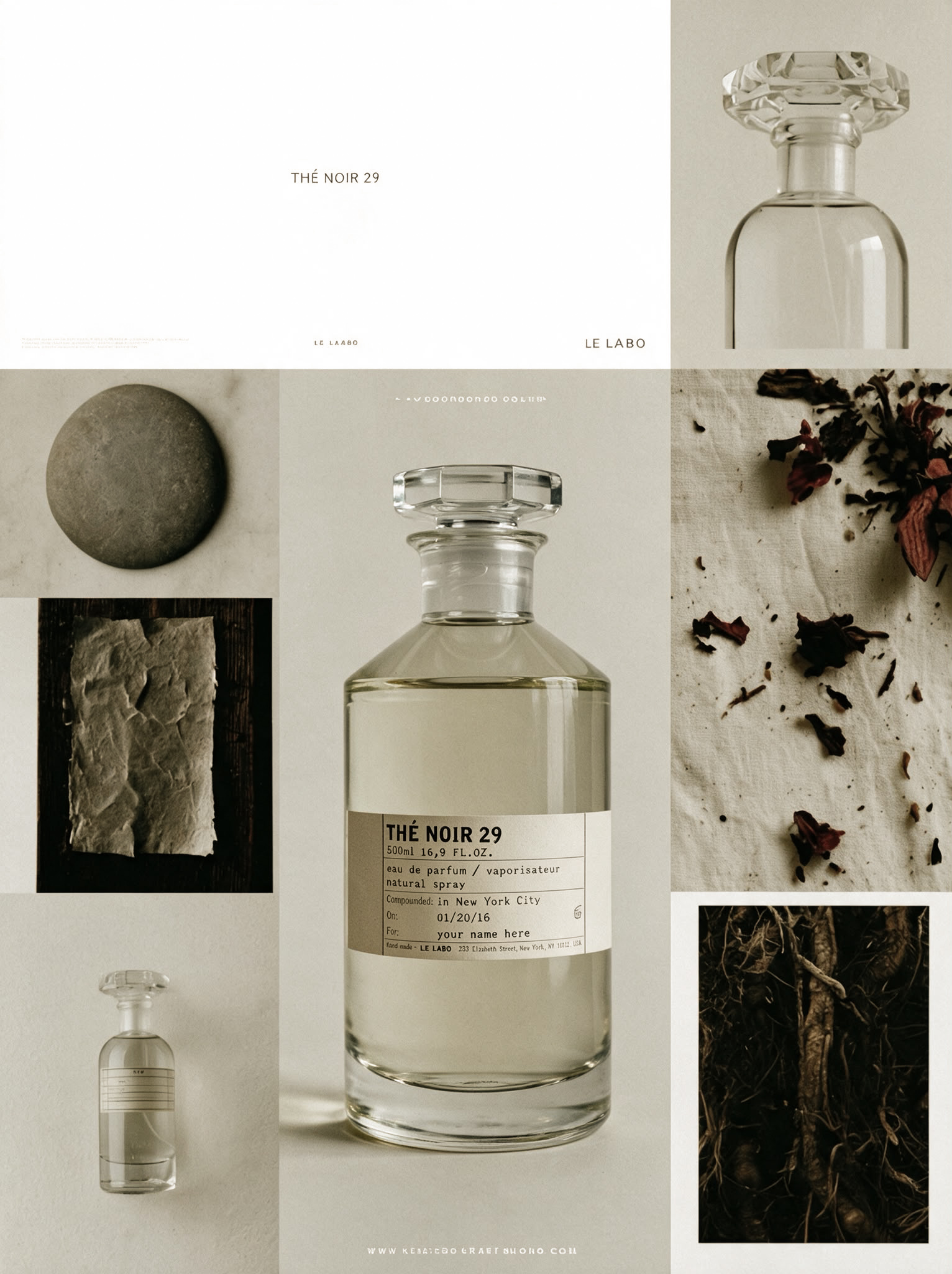 Moodboard of bottle, stone, paper and dried petals