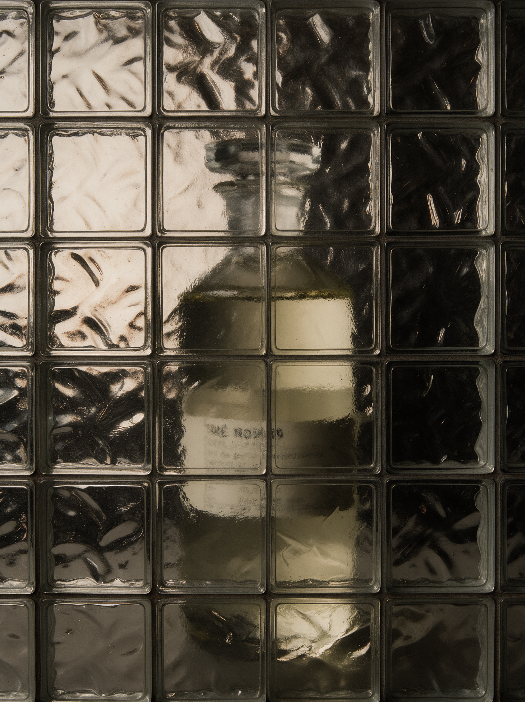 Bottle seen through glass blocks
