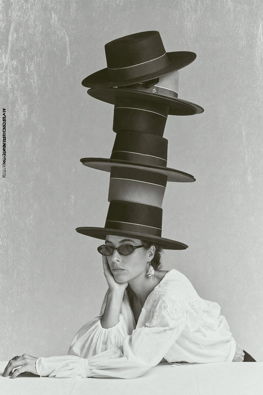 Portrait of the art director in a stack of black hats