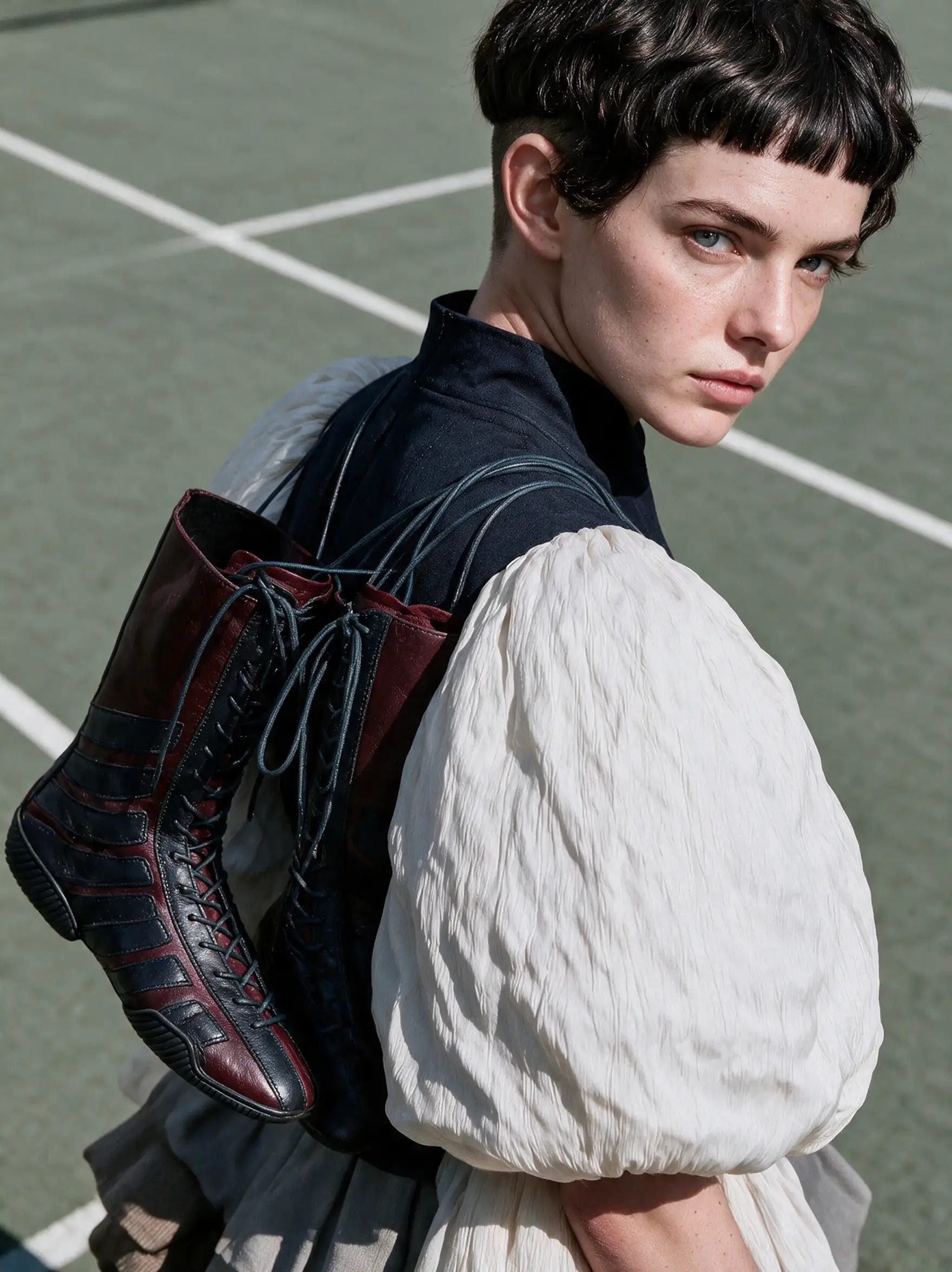 Model with MIISTA boots slung over her shoulder on a tennis court