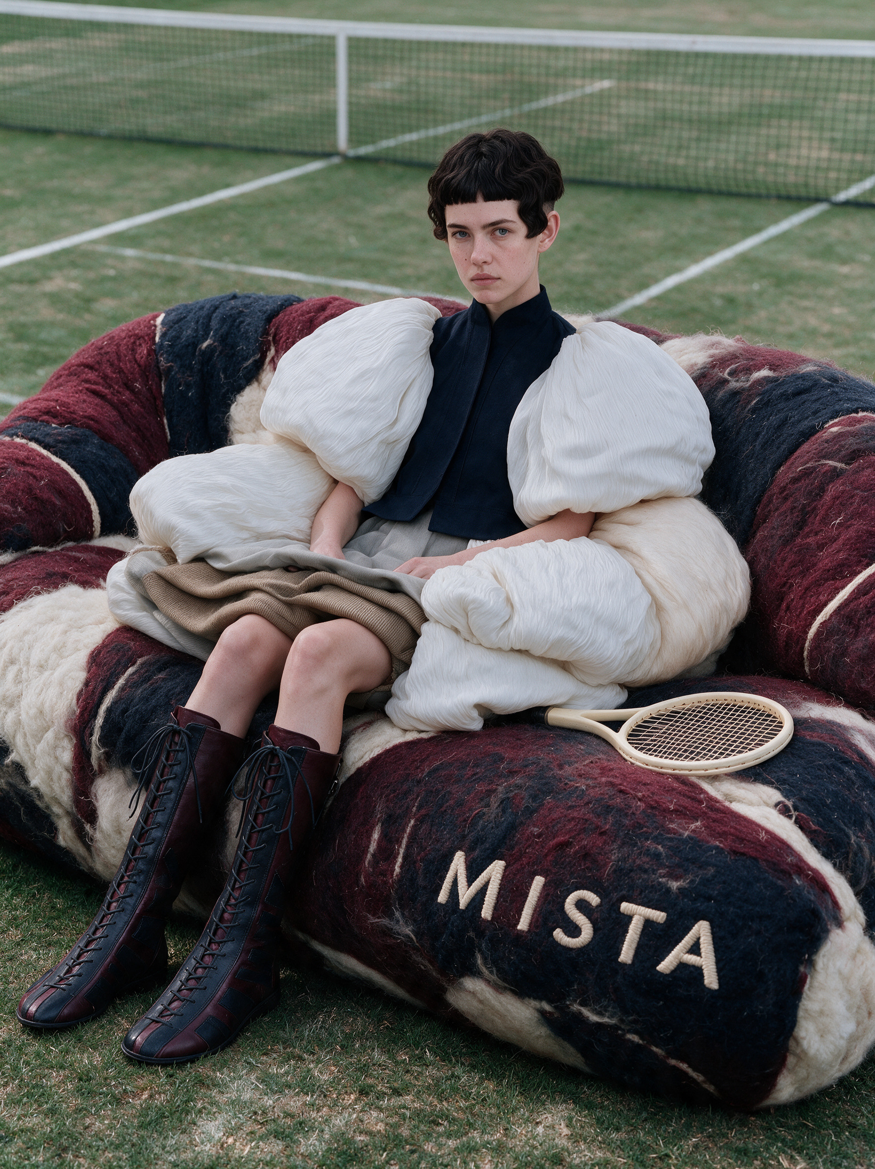 Model on a giant felt ball-striped sofa beside a grass court
